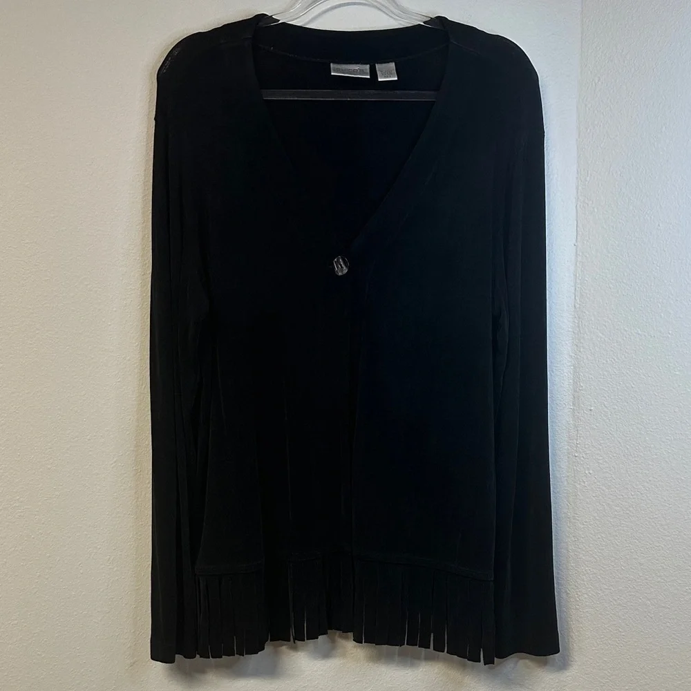 Chico’s Travelers Black Fringe-Hem One-Button Cardigan Size 16